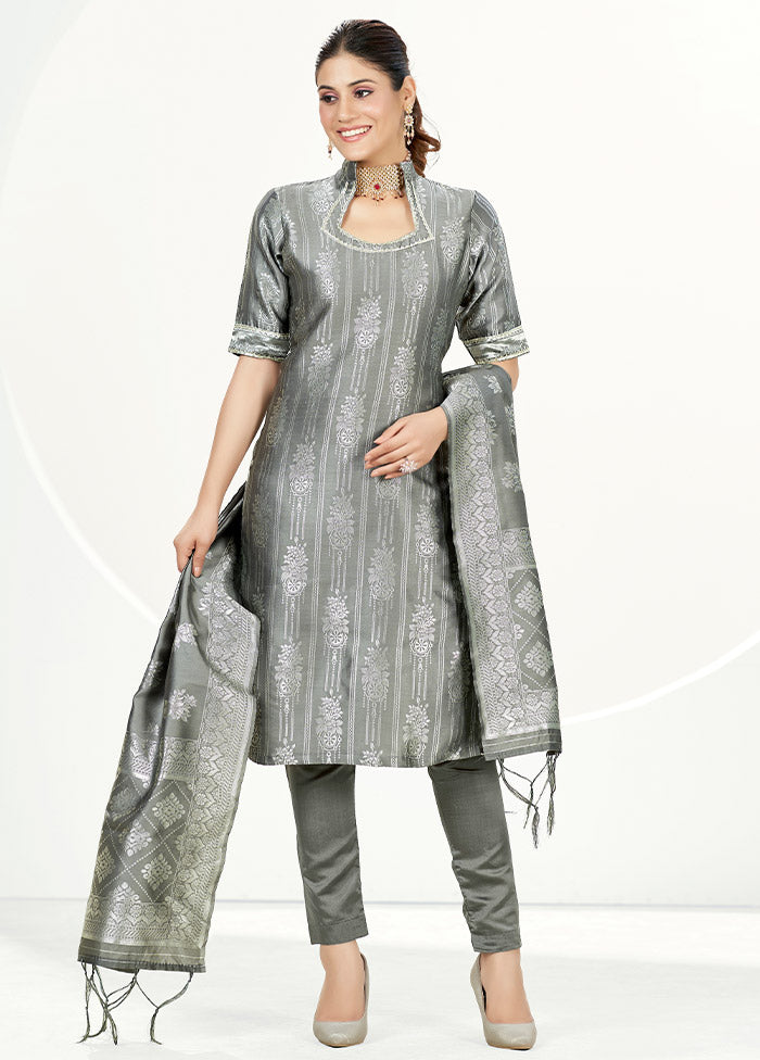 3 Pc Grey Unstitched Silk Suit Set - Indian Silk House Agencies