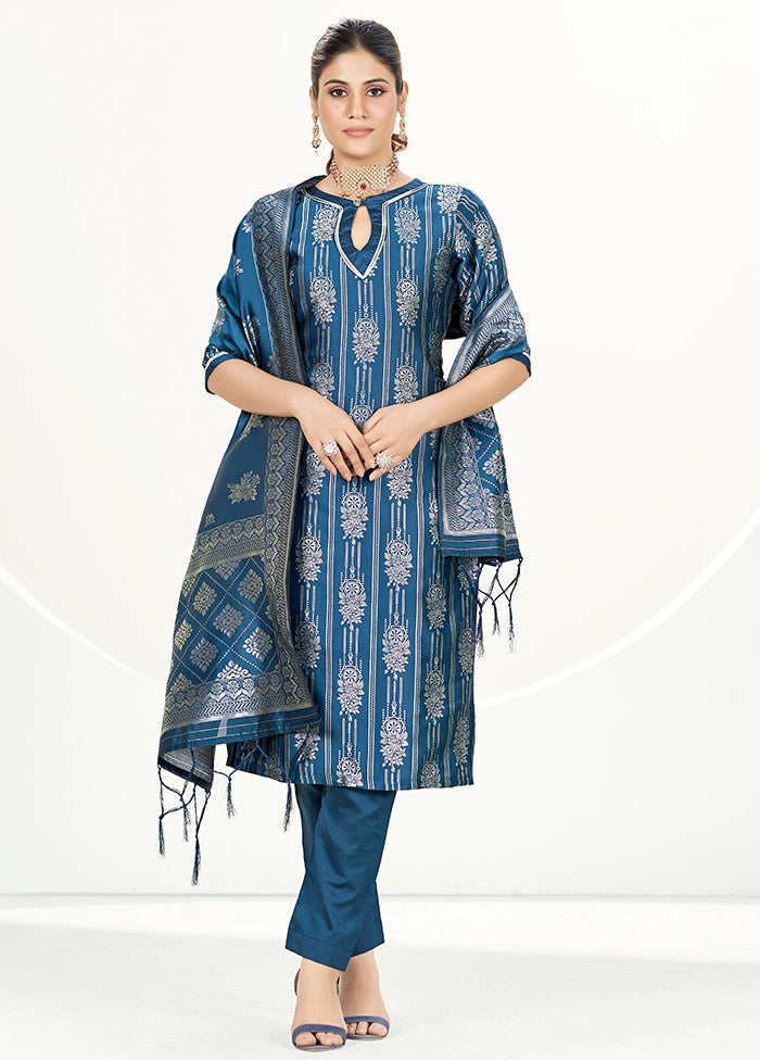 3 Pc Blue Unstitched Silk Suit Set - Indian Silk House Agencies