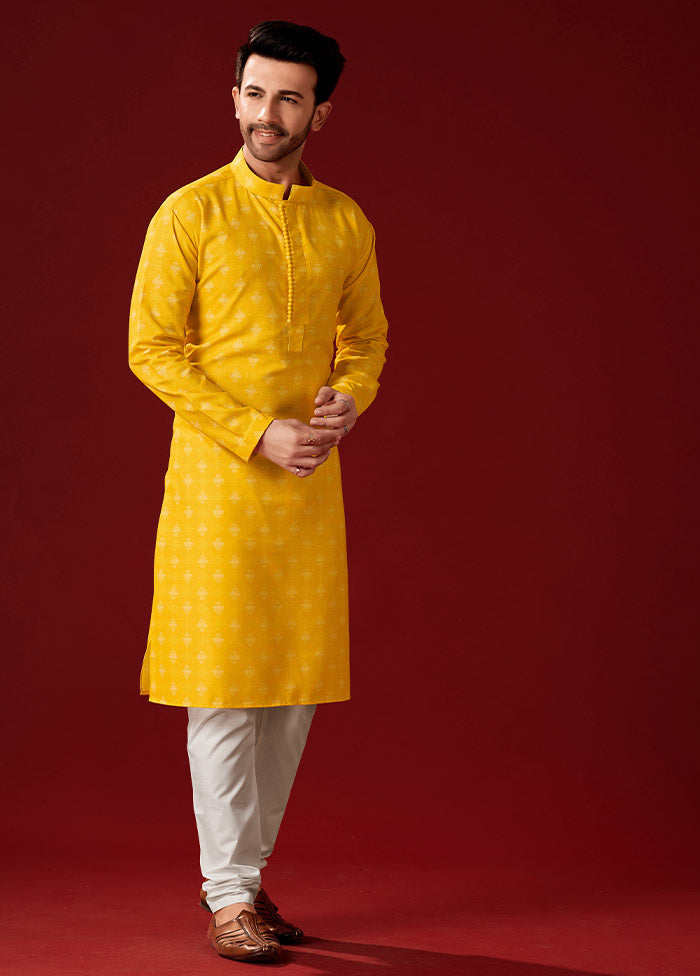 2 Pc Yellow Cotton Kurta And Pajama Set - Indian Silk House Agencies