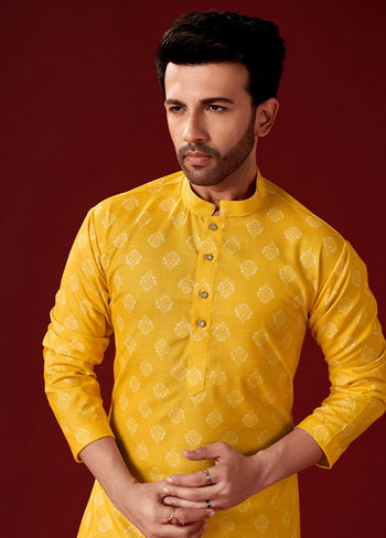 2 Pc Yellow Cotton Kurta And Pajama Set - Indian Silk House Agencies