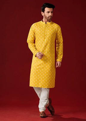 2 Pc Yellow Cotton Kurta And Pajama Set - Indian Silk House Agencies