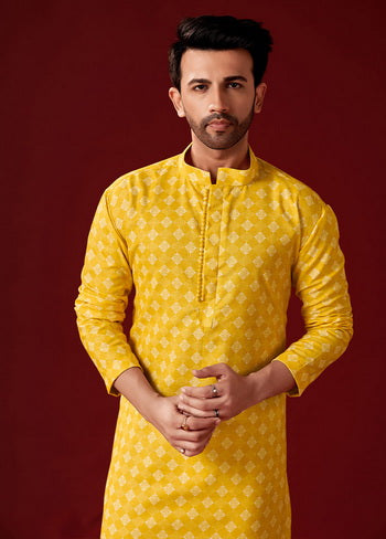 2 Pc Yellow Cotton Kurta And Pajama Set - Indian Silk House Agencies