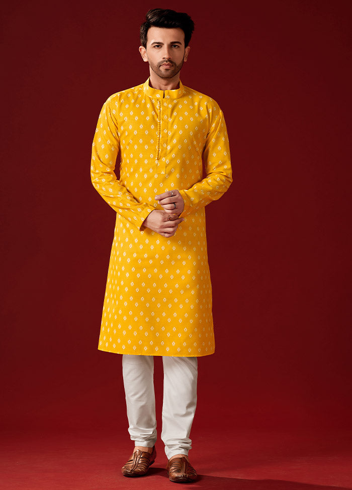 2 Pc Yellow Cotton Kurta And Pajama Set - Indian Silk House Agencies