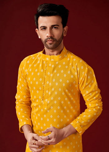 2 Pc Yellow Cotton Kurta And Pajama Set - Indian Silk House Agencies