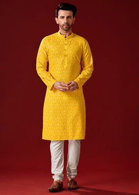 2 Pc Yellow Cotton Kurta And Pajama Set - Indian Silk House Agencies