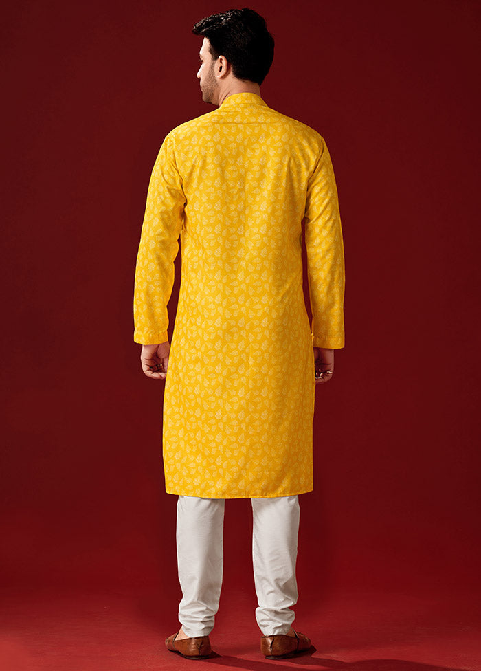 2 Pc Yellow Cotton Kurta And Pajama Set
