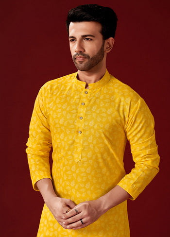 2 Pc Yellow Cotton Kurta And Pajama Set - Indian Silk House Agencies