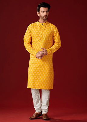 2 Pc Yellow Cotton Kurta And Pajama Set - Indian Silk House Agencies