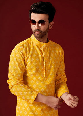 2 Pc Yellow Cotton Kurta And Pajama Set - Indian Silk House Agencies