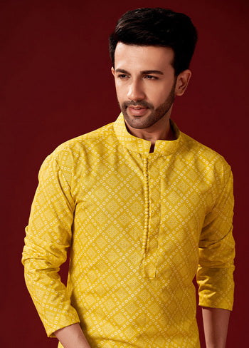 2 Pc Yellow Cotton Kurta And Pajama Set - Indian Silk House Agencies