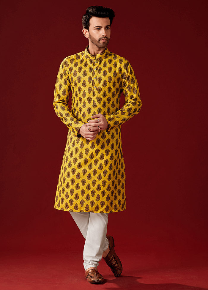 2 Pc Yellow Cotton Kurta And Pajama Set - Indian Silk House Agencies