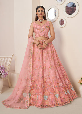 3 Pc Pink Pure Net Semi Stitched Lehenga Set - Indian Silk House Agencies