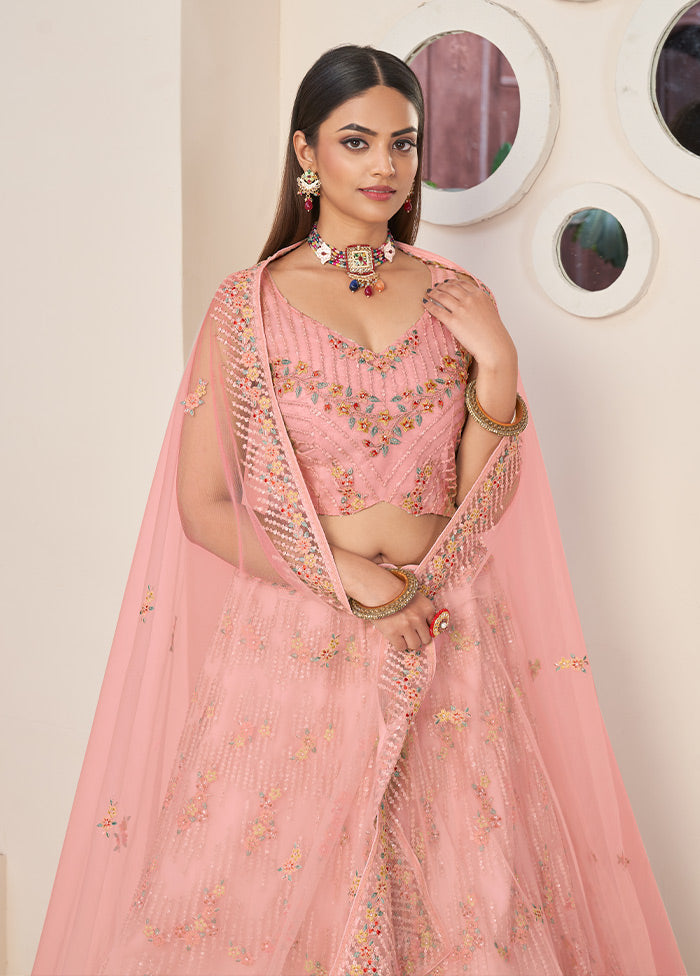 3 Pc Pink Pure Net Semi Stitched Lehenga Set - Indian Silk House Agencies