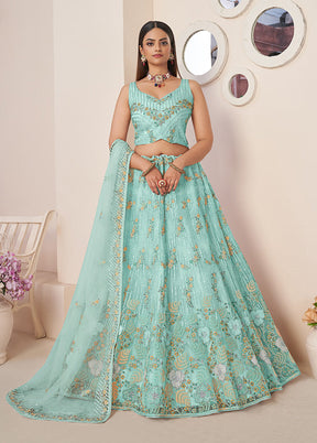 3 Pc Sky Blue Pure Net Semi Stitched Lehenga Set - Indian Silk House Agencies