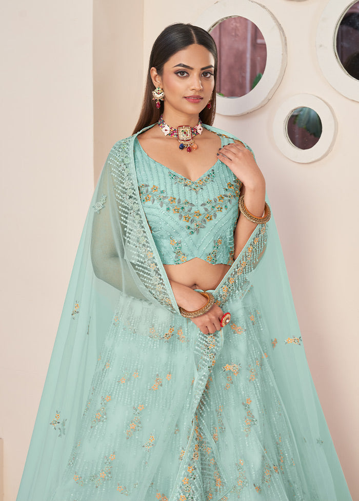 3 Pc Sky Blue Pure Net Semi Stitched Lehenga Set - Indian Silk House Agencies