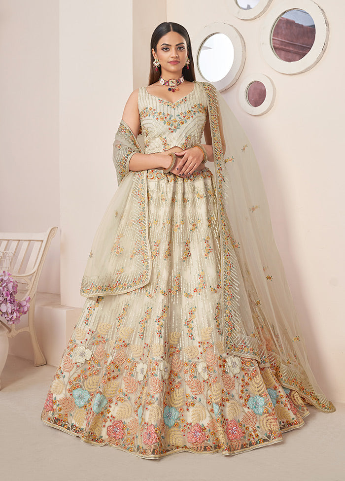 3 Pc Off White Pure Net Semi Stitched Lehenga Set - Indian Silk House Agencies