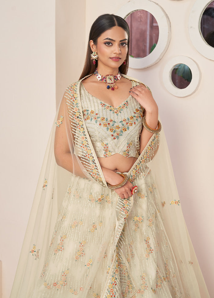 3 Pc Off White Pure Net Semi Stitched Lehenga Set - Indian Silk House Agencies