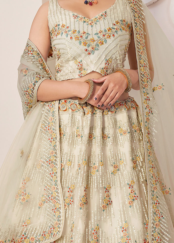 3 Pc Off White Pure Net Semi Stitched Lehenga Set - Indian Silk House Agencies