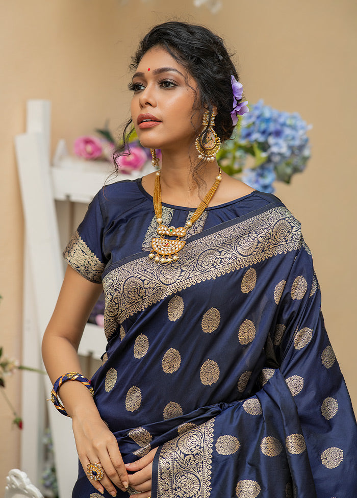 Navy Blue Spun Silk Saree With Blouse Piece - Indian Silk House Agencies