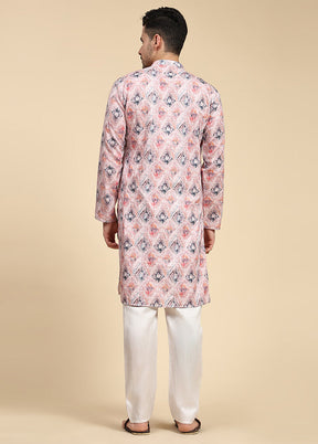 Multicolor Mandarin Collar Dupion Silk Kurta - Indian Silk House Agencies