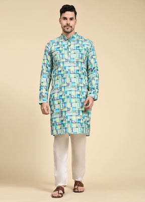 Multicolor Mandarin Collar Dupion Silk Kurta - Indian Silk House Agencies