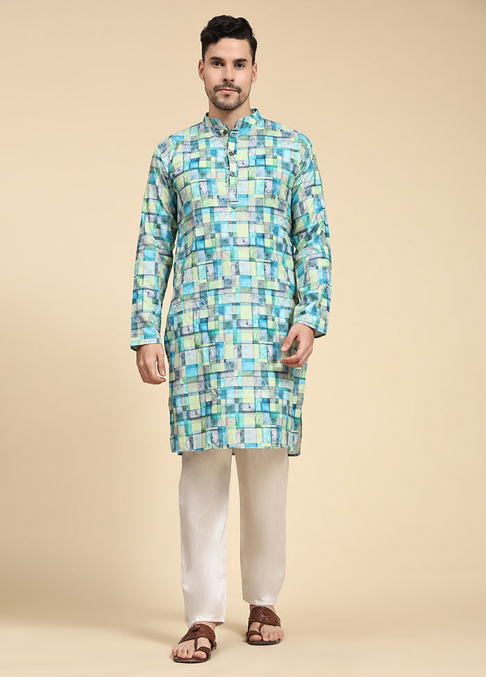 Multicolor Mandarin Collar Dupion Silk Kurta - Indian Silk House Agencies