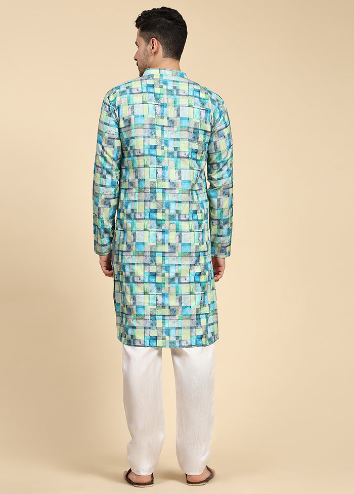 Multicolor Mandarin Collar Dupion Silk Kurta - Indian Silk House Agencies