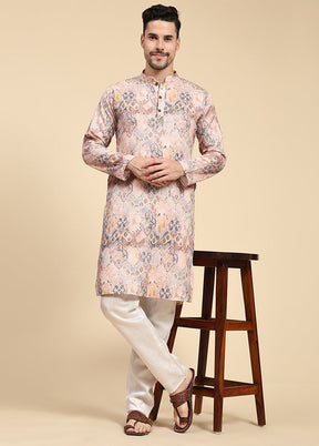 Multicolor Mandarin Collar Dupion Silk Kurta - Indian Silk House Agencies