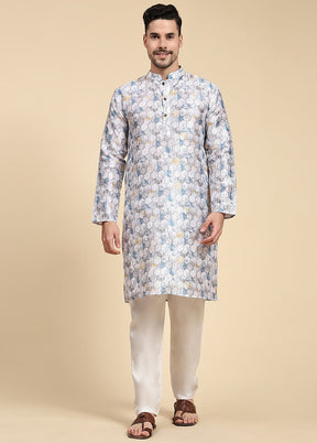 Multicolor Mandarin Collar Dupion Silk Kurta - Indian Silk House Agencies