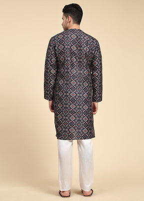 Multicolor Mandarin Collar Dupion Silk Kurta - Indian Silk House Agencies