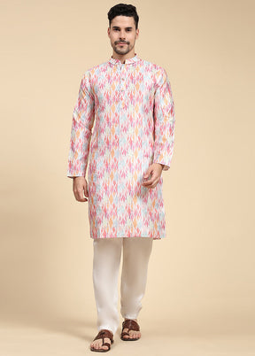 Multicolor Mandarin Collar Dupion Silk Kurta - Indian Silk House Agencies