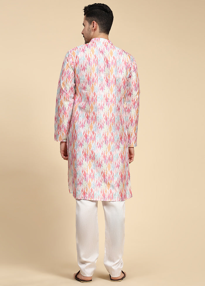 Multicolor Mandarin Collar Dupion Silk Kurta - Indian Silk House Agencies