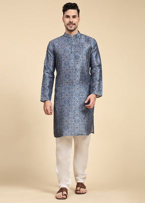 Multicolor Mandarin Collar Dupion Silk Kurta - Indian Silk House Agencies