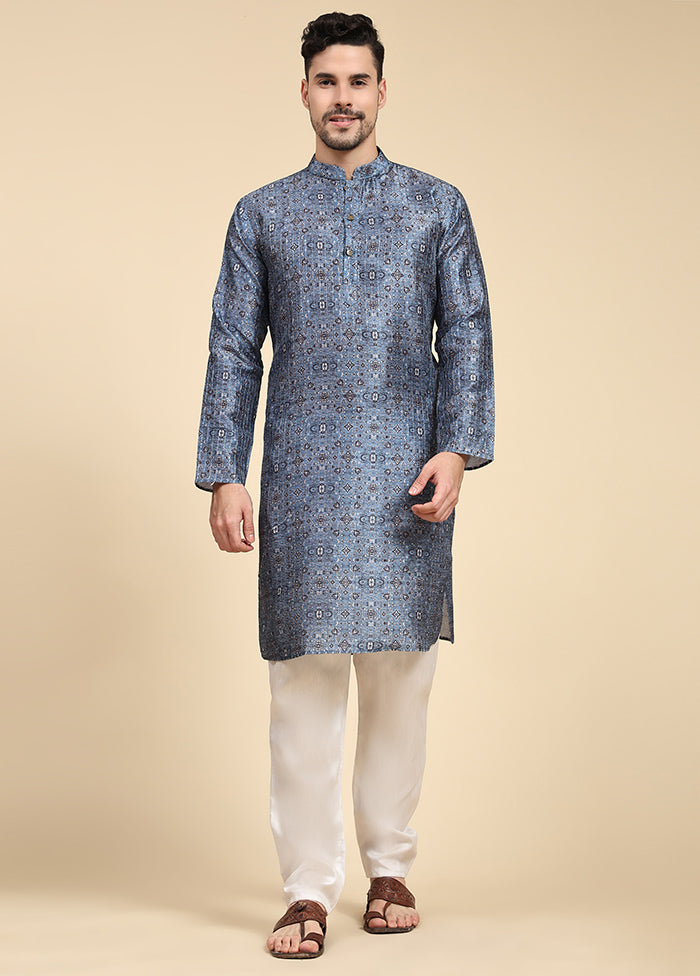 Multicolor Mandarin Collar Dupion Silk Kurta - Indian Silk House Agencies