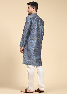 Multicolor Mandarin Collar Dupion Silk Kurta - Indian Silk House Agencies