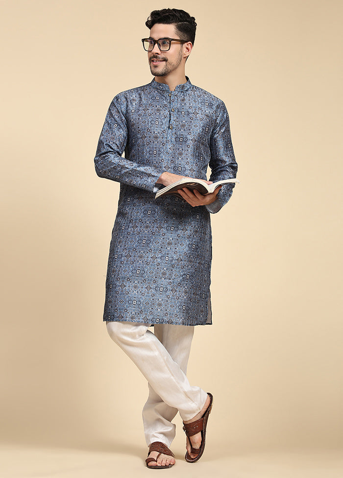 Multicolor Mandarin Collar Dupion Silk Kurta - Indian Silk House Agencies