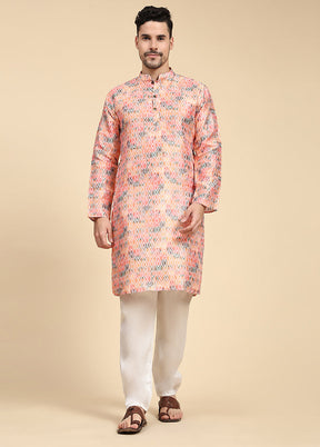 Multicolor Mandarin Collar Dupion Silk Kurta - Indian Silk House Agencies