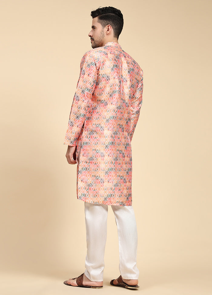 Multicolor Mandarin Collar Dupion Silk Kurta - Indian Silk House Agencies