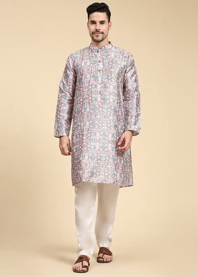 Multicolor Mandarin Collar Dupion Silk Kurta - Indian Silk House Agencies