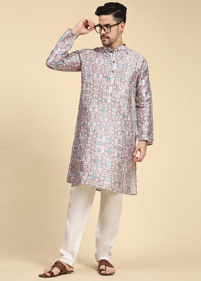 Multicolor Mandarin Collar Dupion Silk Kurta - Indian Silk House Agencies