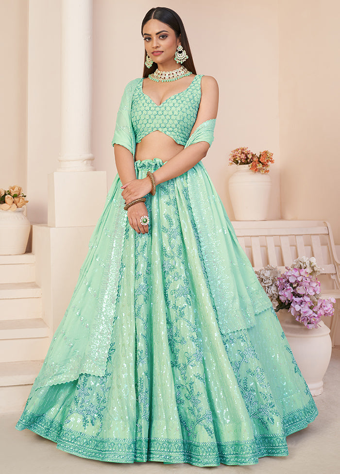 3 Pc Sea Green Georgette Semi Stitched Lehenga Set