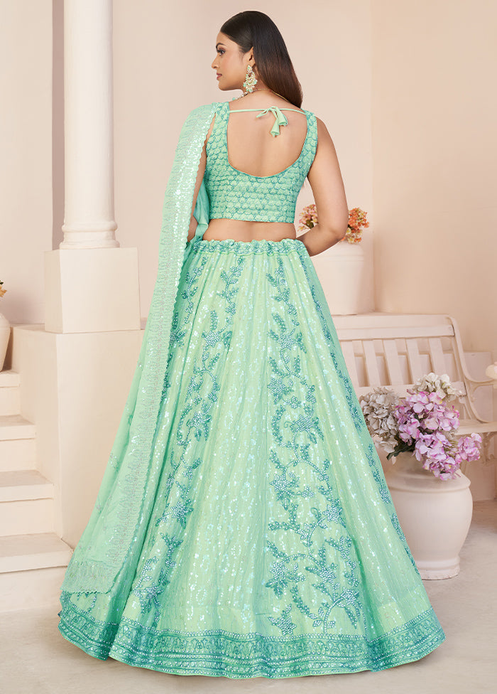 3 Pc Sea Green Georgette Semi Stitched Lehenga Set