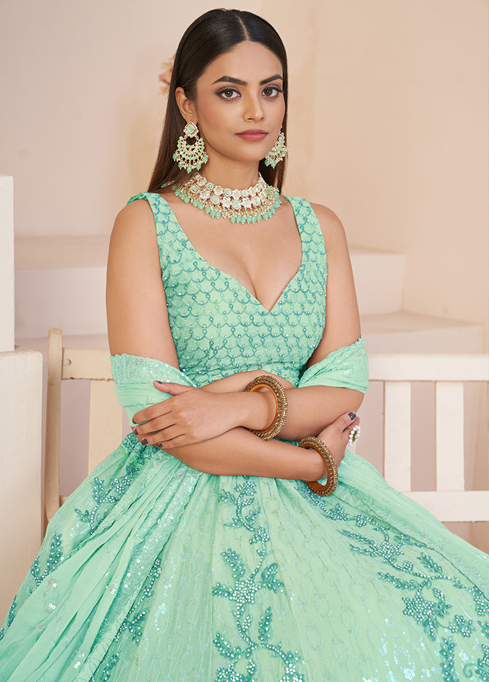 3 Pc Sea Green Georgette Semi Stitched Lehenga Set