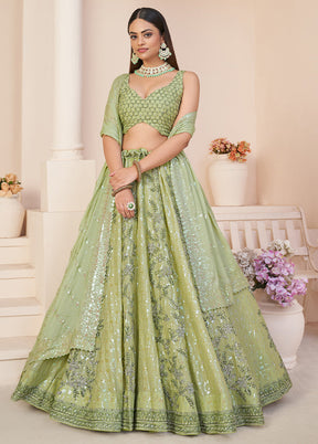 3 Pc Pista Green Georgette Semi Stitched Lehenga Set - Indian Silk House Agencies