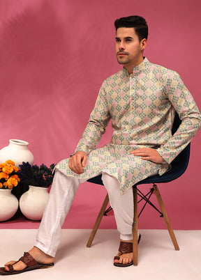 Multicolor Mandarin Collar Dupion Silk Kurta - Indian Silk House Agencies