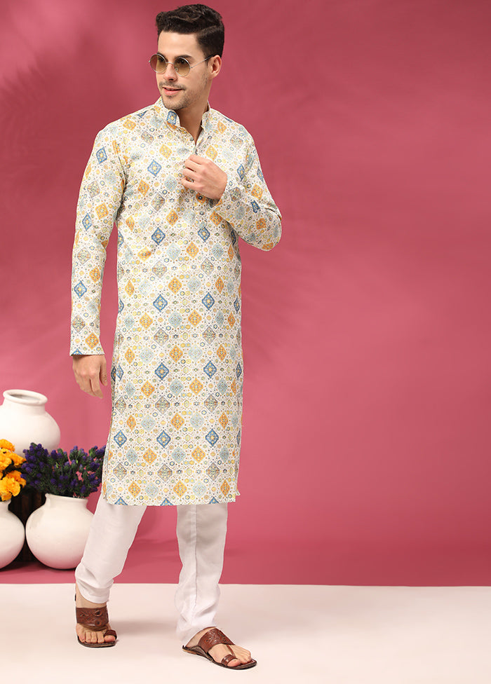 Multicolor Mandarin Collar Dupion Silk Kurta - Indian Silk House Agencies