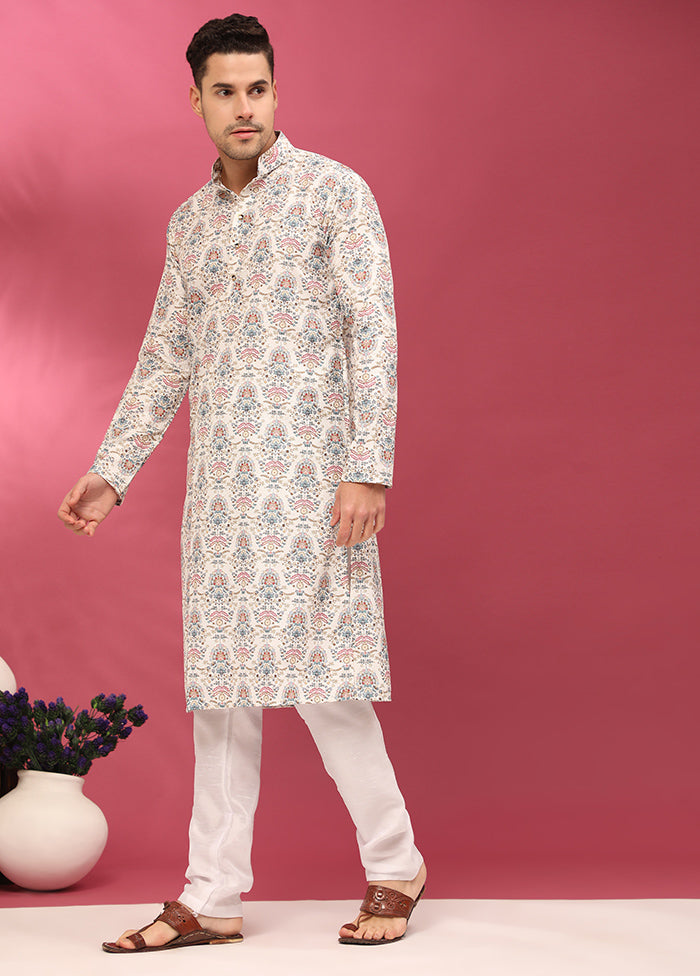 Multicolor Mandarin Collar Dupion Silk Kurta - Indian Silk House Agencies