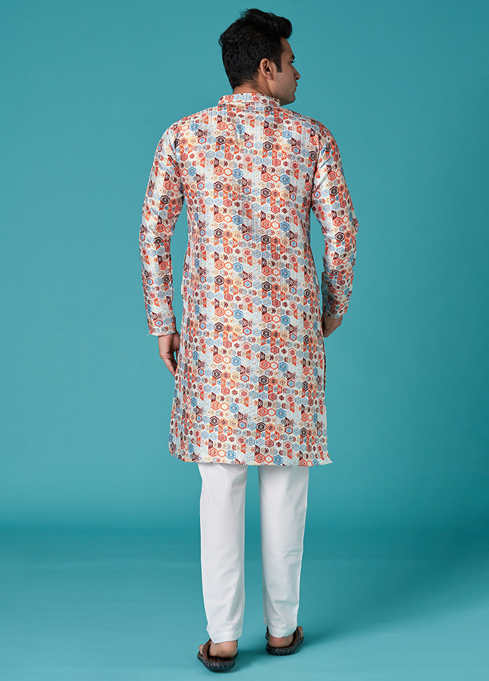 Multicolor Mandarin Collar Dupion Silk Kurta - Indian Silk House Agencies