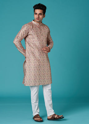 Multicolor Mandarin Collar Dupion Silk Kurta - Indian Silk House Agencies