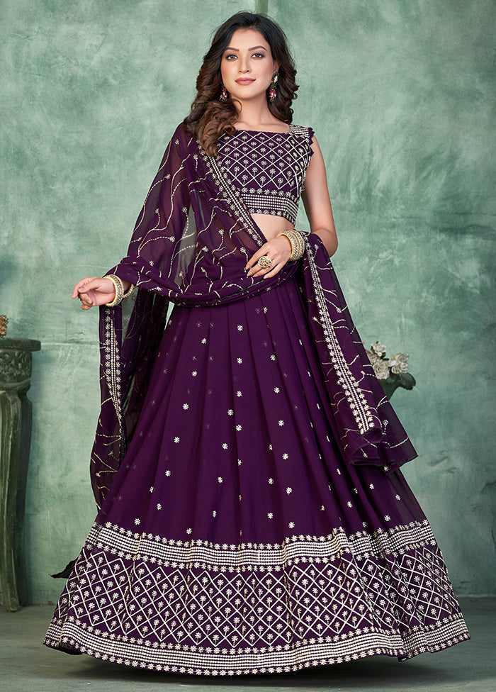 3 Pc Purple Georgette Semi Stitched Lehenga Set - Indian Silk House Agencies